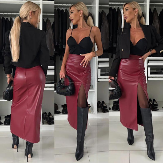 📦Consegna gratuita📦Gonna di pelle elegante e sexy a vita alta, con spacco sulla coscia, da donna