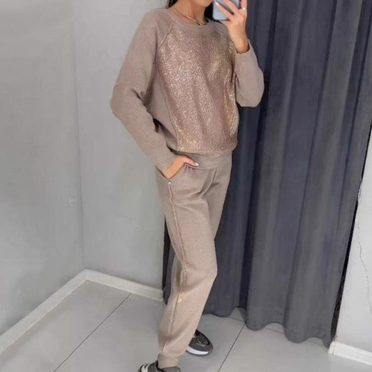 📦Consegna gratuita📦Set 2 Pezzi Felpa con Strass e Pantaloni Casual per Donna